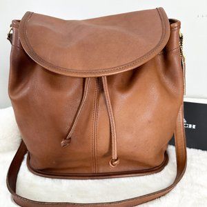 COACH Vintage 80s 4025 DRAWSTRING Flap BAG British Tan Adjustable Strap Hangtag